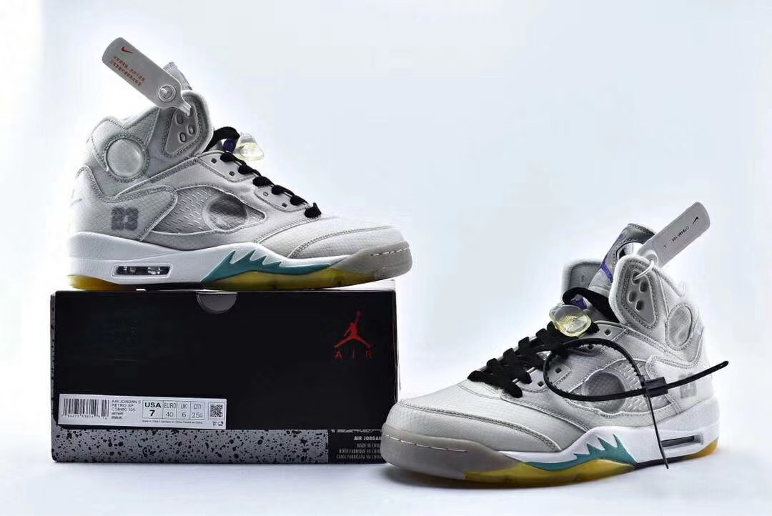 2020 Men Air Jordan 5 x off white Silver Grey Shoes